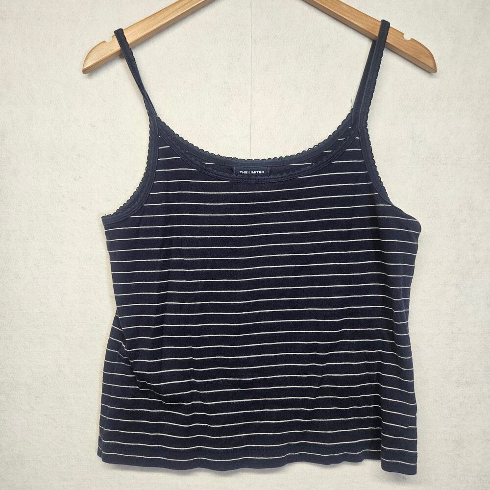 Vintage Y2K The Limited Navy Blue Striped Scalloped Ribbed Tank Top Size L